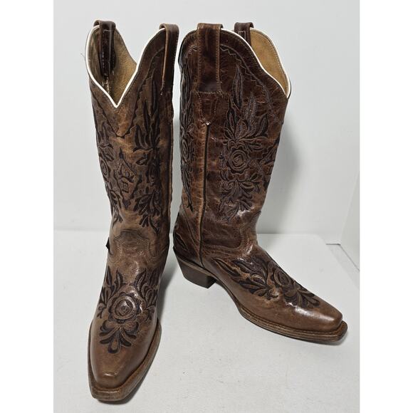 VTG EL DORADO Western Cowgirl BOOTS Leather Embroidered Brown Distressed 7.5 M - Picture 1 of 15